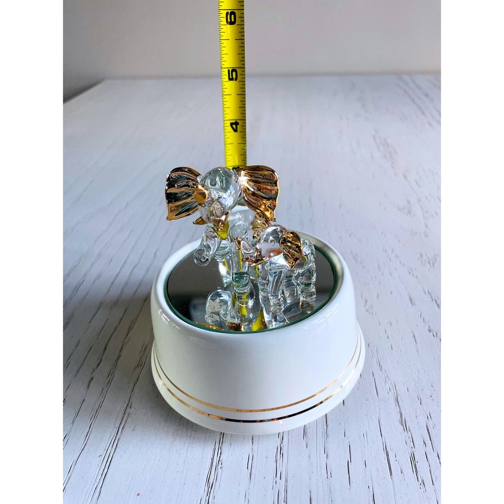 Vtg Glass Elephant Family Music Box White Gold Tone Mirror Base Plays Tune - Picture 9 of 9